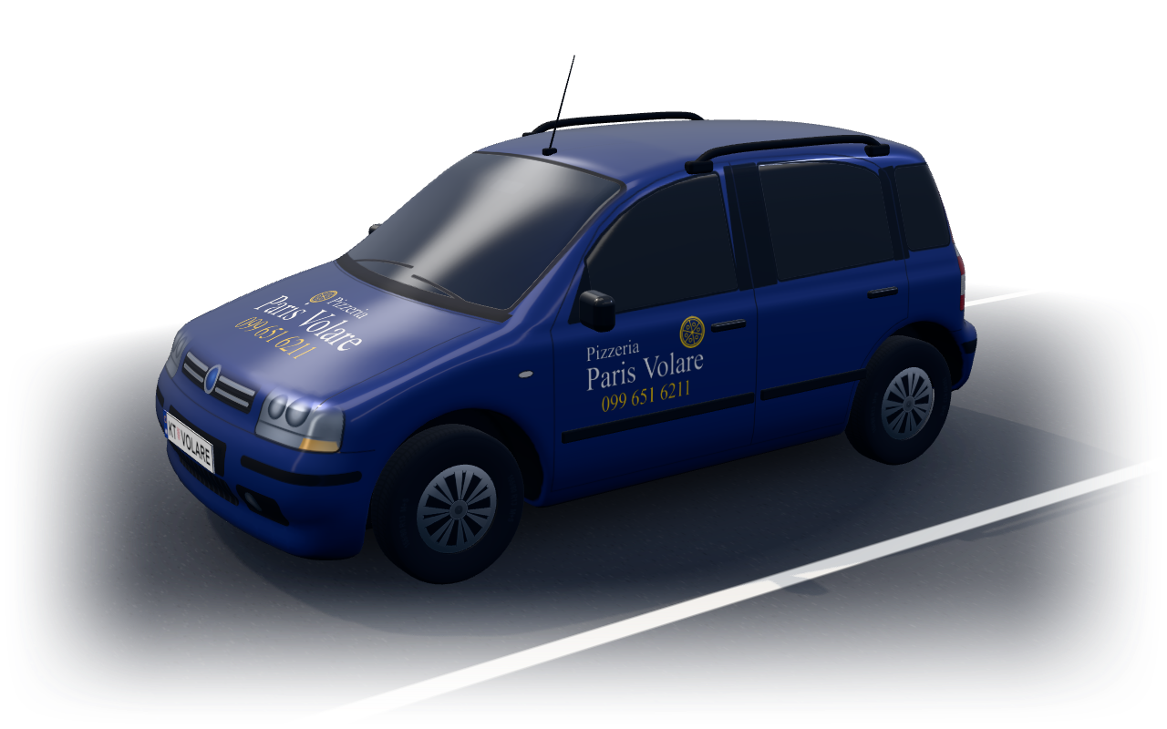 Dostavni auto pizzerije Paris Volare: plava Fiat Panda s natpisom i brojem 099 651 6211